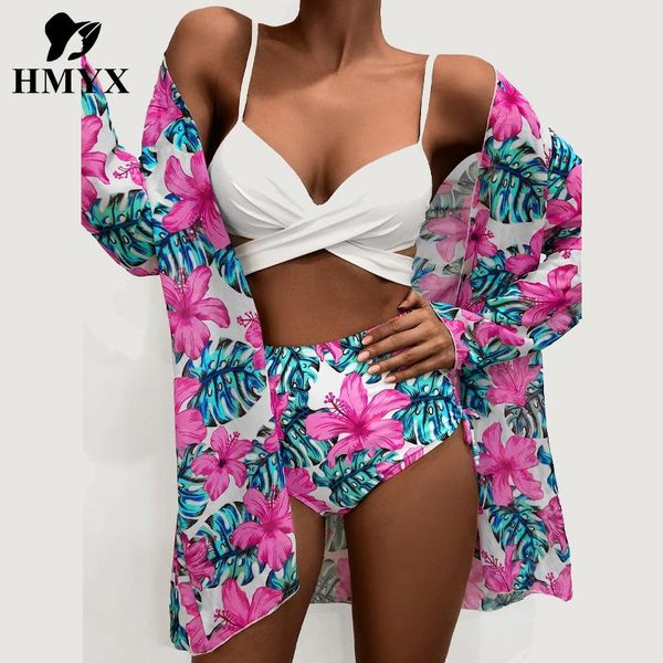 

women's swimwear 3 pcs high-waist bohemia women floral print bikini set swimsuit beachwear brazilian push-up bathing suit biquinis, White;black