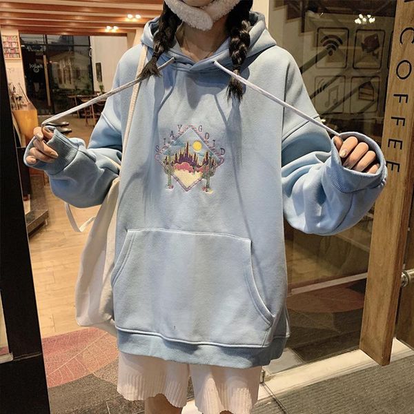

women's hoodies & sweatshirts embroidery letter blue pocket drawstring oversized women coat fall winter thick korean casual students p, Black