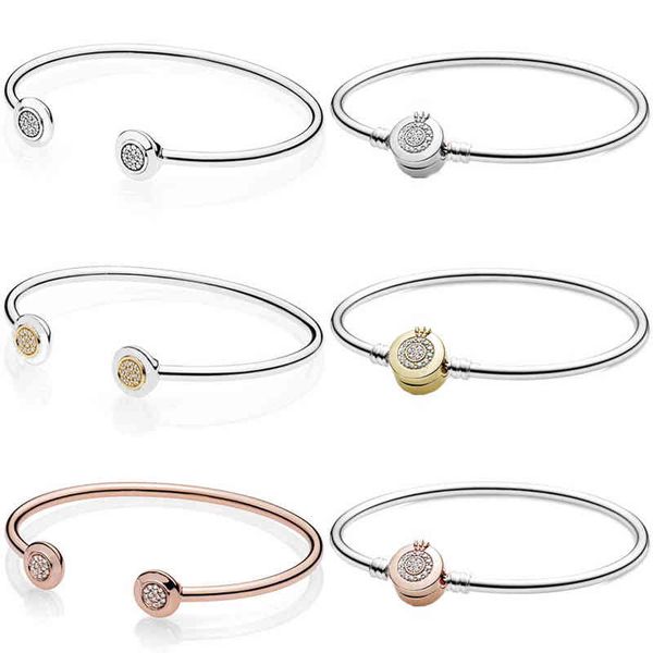 

original 925 sterling silver sparkling crown o clasp signature open bangle for pandora bracelet bead charm diy jewelry, Golden;silver