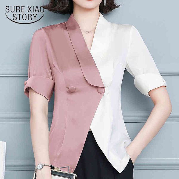 

summer plus size button ladies short sleeve silk satin shirts office elegant solid v neck women blouse 10095 210415, White