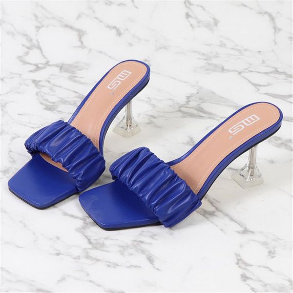 

elegant women shoes night club party women's sandals slippers high heels pleated pu leather ladies plus size mules slides, Black