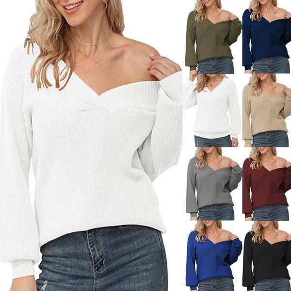 

women's sweaters v-neck sweater for women autumn lantern long sleeve solid knitted pullover female fashion loose knitwear casual jumper, White;black