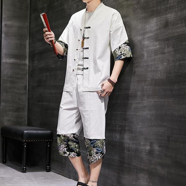 

men's tracksuits 2021 summer chinese style cotton linen buckle suit short-sleeved cropped trousers two-piece cardigan top, Gray
