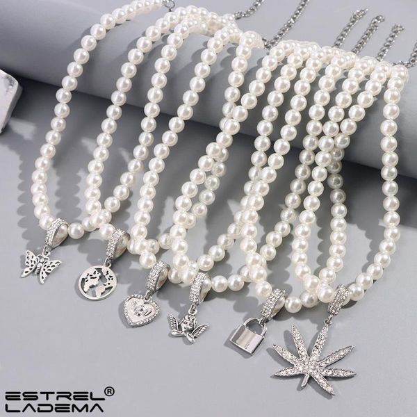 

chains korean imitation pearl choker necklace handmade beaded silver color crystal heart angel pendant necklaces for women jewelry gift