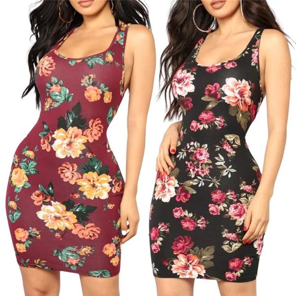 

casual dresses women fashion summer sleeveless u neck retro flower printed slim mini dress evening party club elegant streetwear, Black;gray