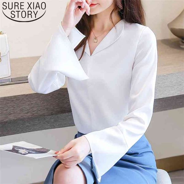 

autumn fashion women chiffon blouses casual solid elegant clothing ol style long sleeve v-neck 6258 50 210506, White