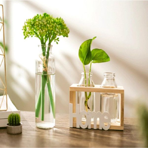 

vases garden transparent glass green plant hydroponic creative wooden frame tableflower vase home decoration crafts bonsai