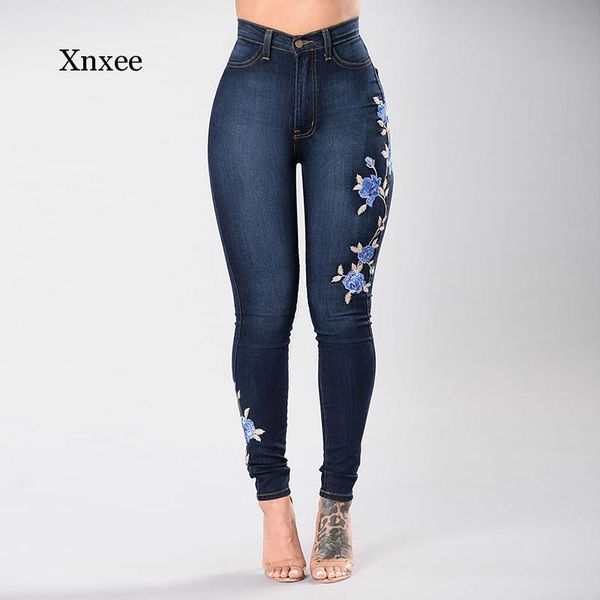 

stretch embroidered jeans for women elastic blue flower female pencil denim pants rose pattern pantalon femme leggings women's