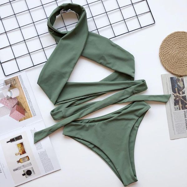 

one-piece suits black hollow out bandage bikini mujer lace up swimsuit female high cut bathing suit waist swimwear women halter summer