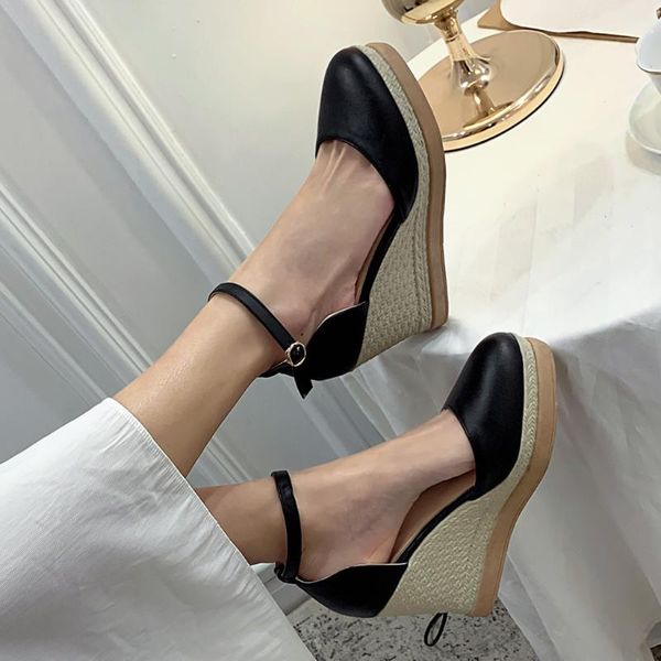 

factory direct sandals women wedges round toe high heels ankle strap summer shoes female plus size 43 pumps 2021, Black