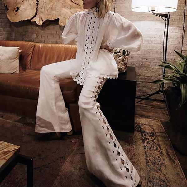 

women's pants & capris 2021 autumn arrive women black white flare female waist hollow out trousers