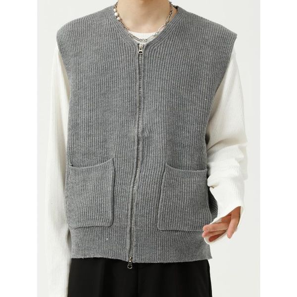 

men's vests mens sweater casual zipper with front pocket fashion basic v neck knitted pullover man korean clothes coat autumn black, Black;white