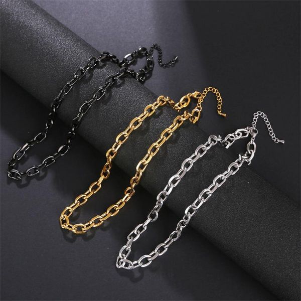 

chokers fashion simple stainless steel necklace women's black gold silver color chunky thick choker chain necklaces punk hip-hop jewelr, Golden;silver