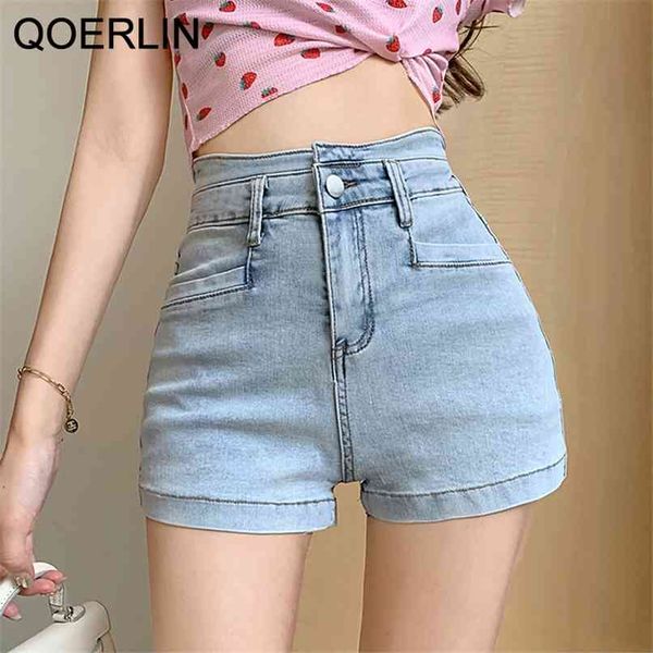 

high stretch denim shorts women plus size waist jeans summer front pocket zipper fly skinny short mini 210601, White;black