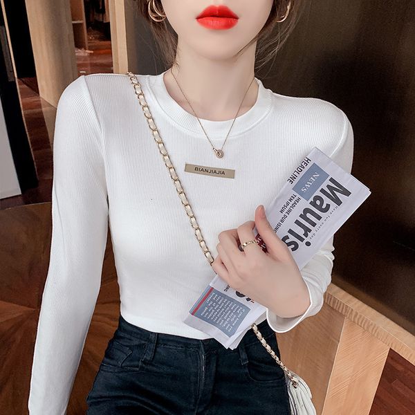 

tees t-shirt 2021 autumn round neck with slim fit short black long sleeve bottomed shirt t-shirt women's wear, White