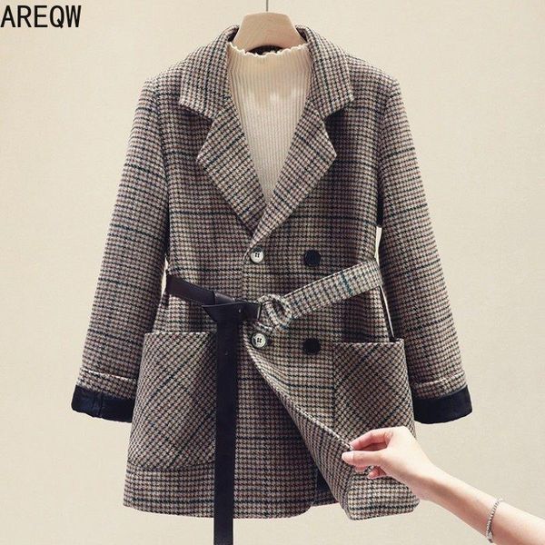

vintage double breasted office ladies plaid blazer with belt long sleeve houndstooth suit coat jacket women blazers female women's suit, White;black