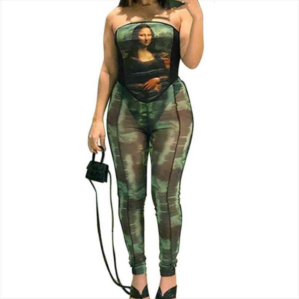 

2 piece outfits, trendy womenpant printed strapless bustier see through skinny pants set streetwear club wear, White