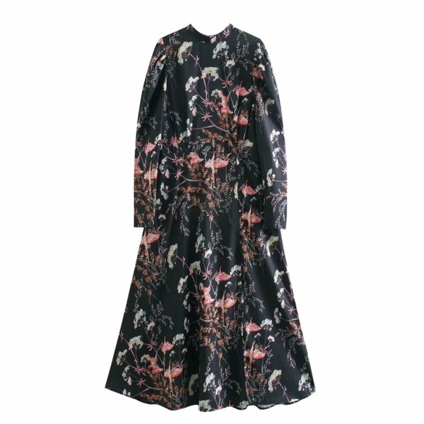 

spring women flower printing side slit midi dress female long sleeve clothes vintage lady loose vestido d7293 210430, Black;gray