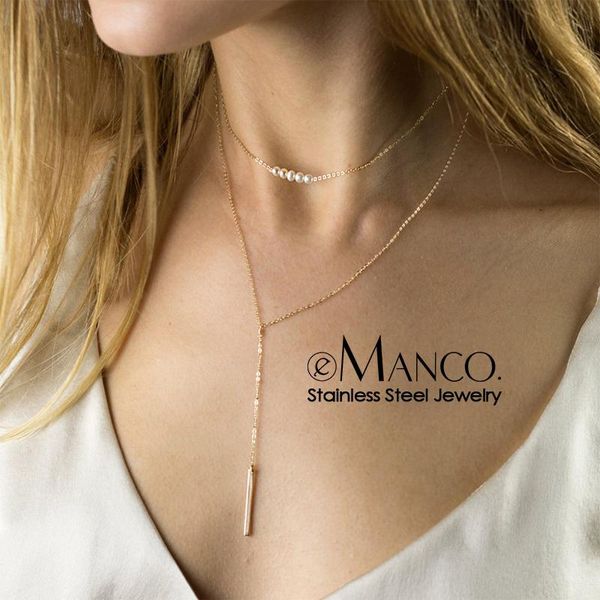 

pendant necklaces e-manco fashion double-layer stainless steel gold chain necklace women dainty imitation pearls choker for, Silver
