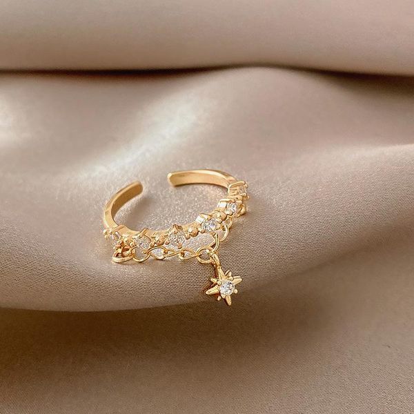 

wedding rings luxury female crystal star thin ring classic gold color open for women trendy white zircon stone engagement, Slivery;golden
