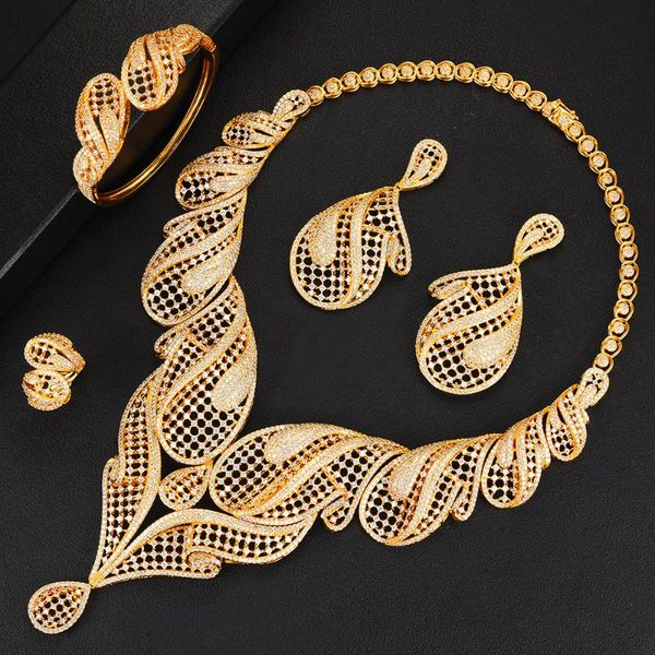 

earrings & necklace blachette luxury hollow waterdrop jewelry sets for women wedding african cubic zircon dubai bridal 4pcs fashion, Silver
