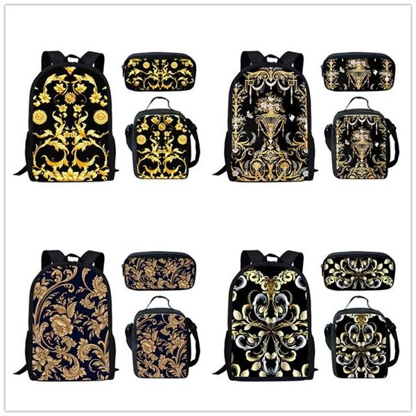 

backpack golden leaved pattern women's 2021 fashion elementary school bags 3pcs set teens boys girls 3d print kids bag