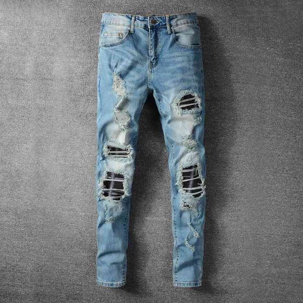 

men's jeans american streetwear fashion men elastic slim fit stretch ripped denim pants destroyed hip hop punk trouse, Blue