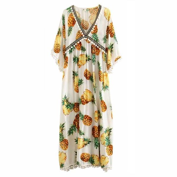 

white pineapple print bohemian boho deep v neck half sleeve hairball tassel midi dress women beach d1162 210514, Black;gray