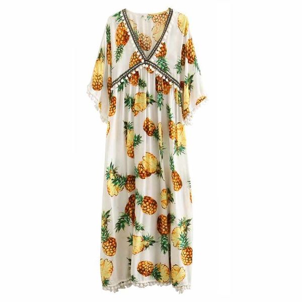 Abacaxi branco Impressão Bohemian Boho profundo V Neck Meia Manga Cabelo Borla Midi Dress Mulheres Praia D1162 210514