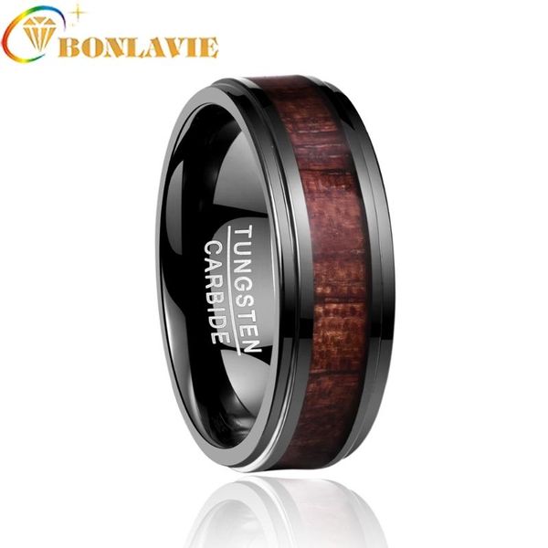 

cluster rings bonlavie man's wedding fine jewelry tungsten ring electroplated black inlaid artichoke wood step surface carbide, Golden;silver