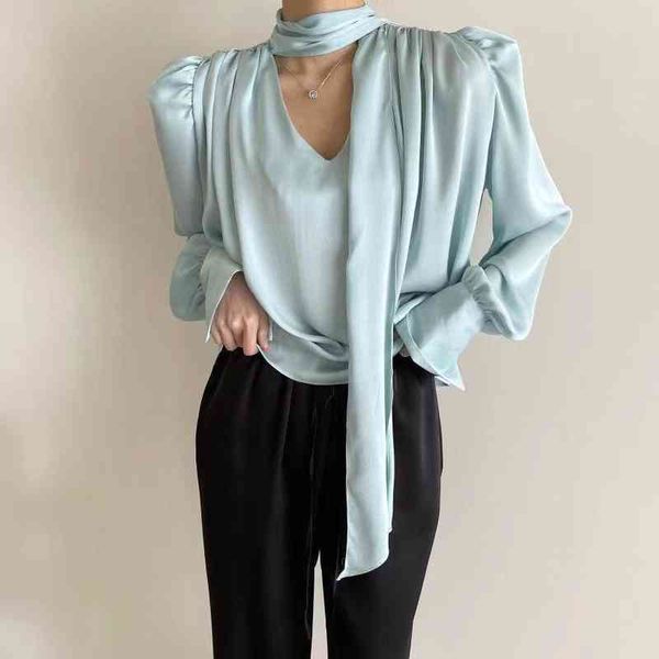 

women's hoodies & sweatshirts office female fashion blouse polyester shiny shirt with cleavage necktie v spring vintage long sleeve eg, Black