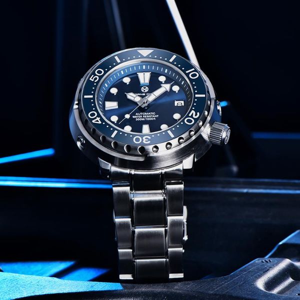 

wristwatches pagrne design diver men watch stainless steel large dial mechanical wristwatch 300m waterproof sapphire glass automatic watches, Slivery;brown