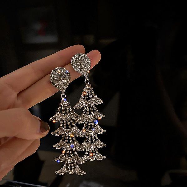 

luxury geometric water drop crystal earrings for women long tassel shining rhinestone dangle personality party jewelry & chandelier, Silver
