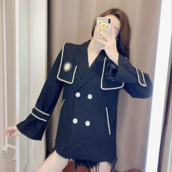 

women black neckline small suit coat women's autumn jacket loose wild long sleeve windbreaker trench coats, Tan;black