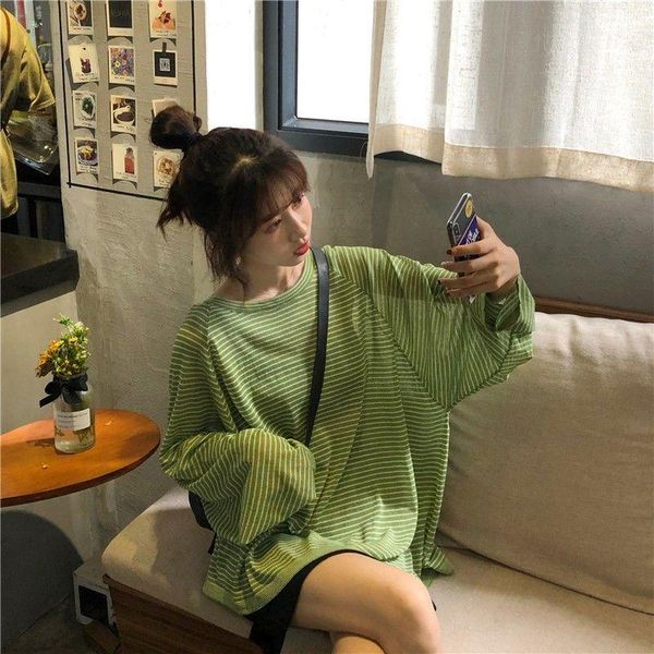 

women's t-shirt autumn loose stripe ice silk knitted sweater thin hollow out sunscreen cover up air conditioning top, White