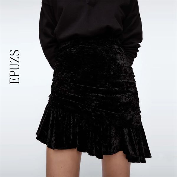 

ruffle velvet skirts women fashion draped high waisted skirt elegant party asymmetrical mini 210521, Black
