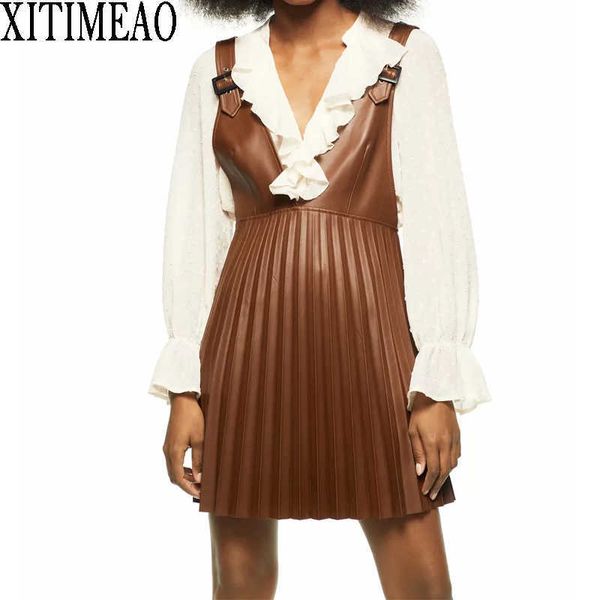 

za women fashion faux leather pleated mini pinafore skirt vintage v neck wide adjustable straps female skirts xitimeao 210604, Black;gray