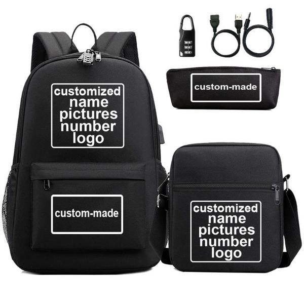 

backpack custom-made customized name number boy book bags anti-theft lock usb shoulder bag pen three sets for men women