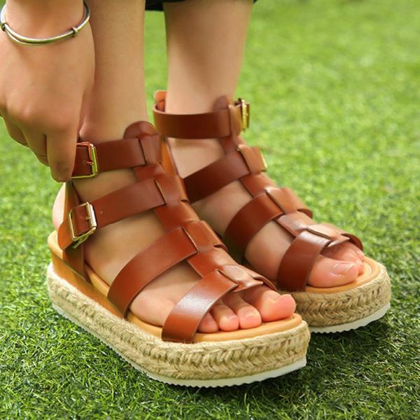 

dress shoes summer plus size women sandals round toe pu gladiator hollow rivet thick bottom buckle concise female wedges platform, Black