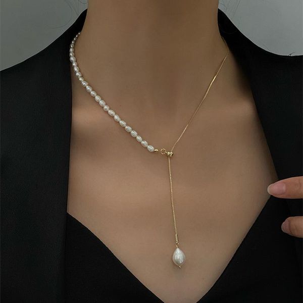 

chokers minar minimalist natural freshwater pearl necklaces for women baroque pearls long tassel adjustable necklace gifts, Golden;silver