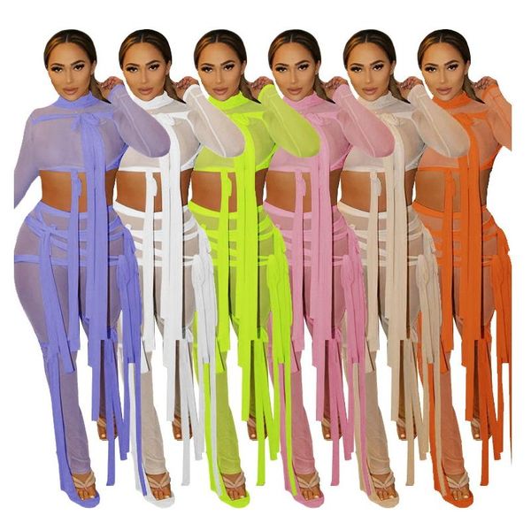 

ribbons lace up bow tassels see through mesh two piece set long sleeve crop and pants bodycon outfits for women sheer tight women's, White