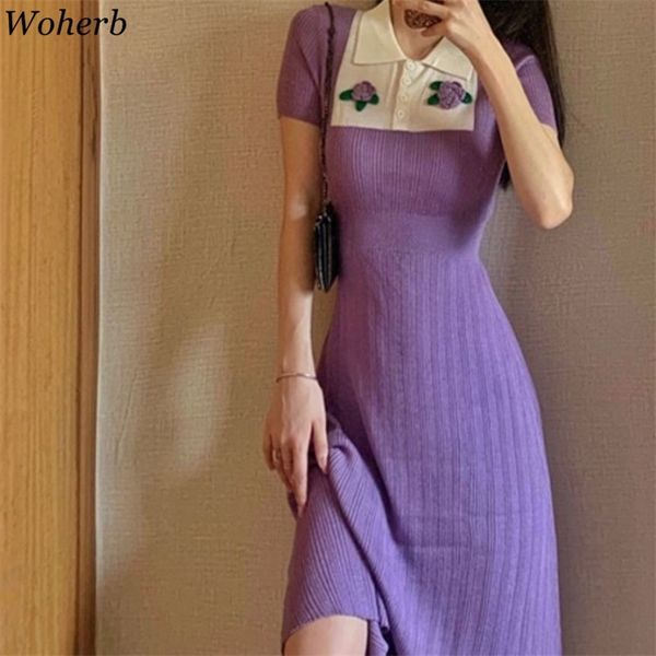 Verão Roxo Dress Mulheres Slim Bodycon Knit Stretch Vestidos Floral Remendo Sexy Luva Curta Robe Coreano Elegante Vestidos 210519