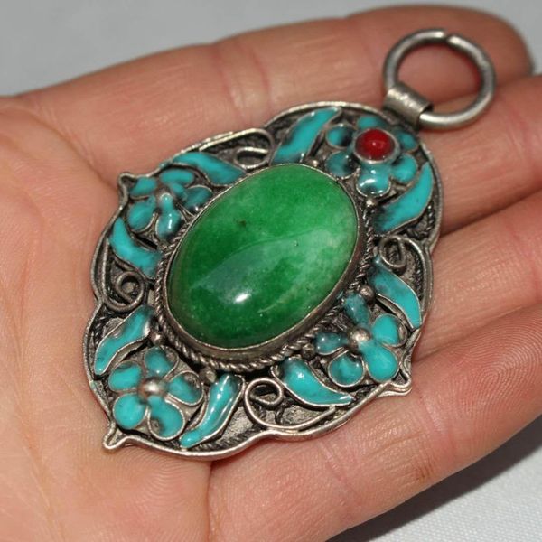 

tibet and nepal folk cloisonne inlaid with turquoise jade pendant, Brown