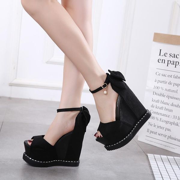 

summer europe and america high heels bow tie wedge fish mouth sandals thick bottom muffin women's shoes, Black