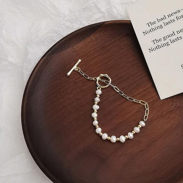 

link, chain origin summer sweet simple freshwater pearl beaded bracelets for women asymmetric toggle clasp chunky jewelry, Black