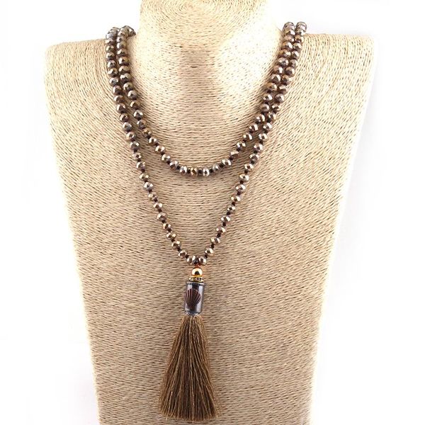 

pendant necklaces moodpc fashion bohemian tribal artisan jewelry knotted long halsband brown glass crystal metal shell tassel necklace, Silver