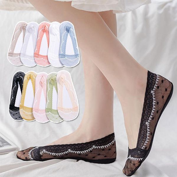 

socks & hosiery 1 pair fashion cotton invisible women summer anti-slip lace short ankle no show antiskid sock slippers 2021, Black;white