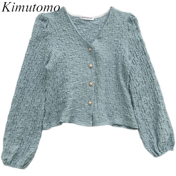 

kimutomo wrinkled v-neck blouse women puff sleeve pearl single breasted short shirt ladies early spring korean style chic 210521, White