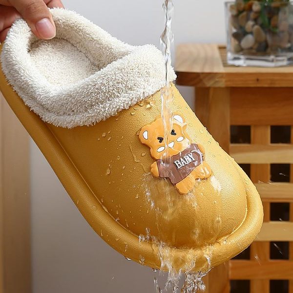 

slippers fashion winter warm plush waterproof cartoon bear women men indoor lovers home slipper thick sole shoes, Black