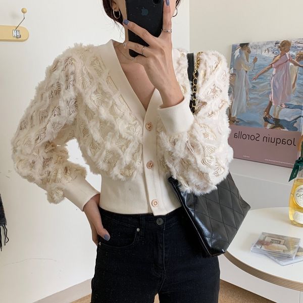 

dress women chic shirt retro french lace gentle v-neck single breasted long sleeves elegance blouse female short, White